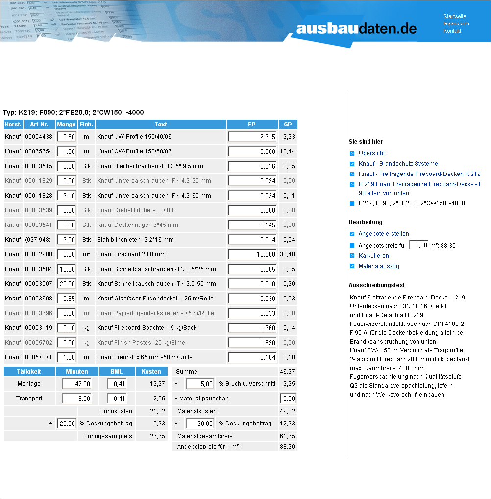 Musterkalkulation Knauf Freitragende Fireboard-Decke K 219